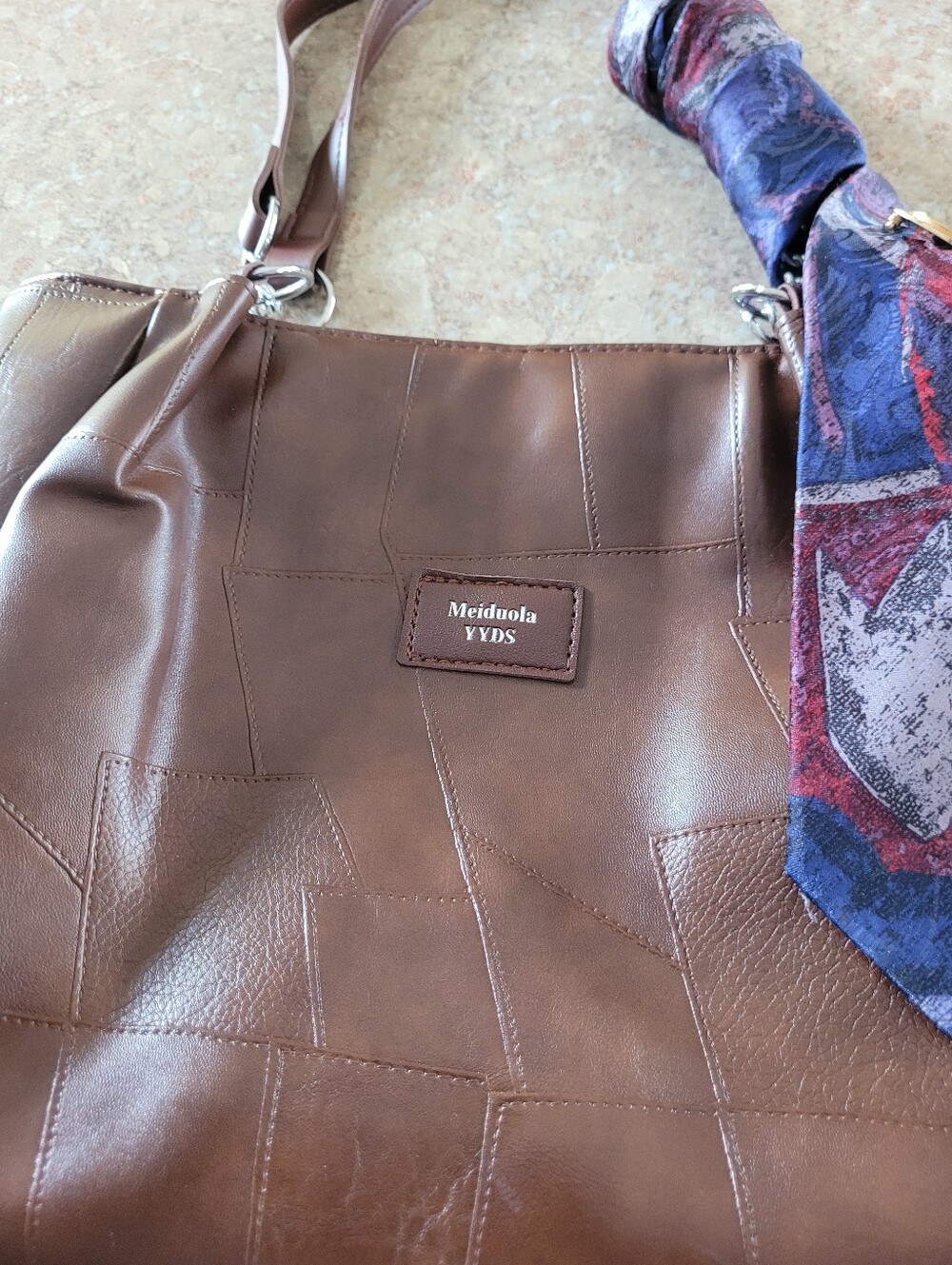 Brown Faux Leather Tote with Multicolor Silk Tie Accent